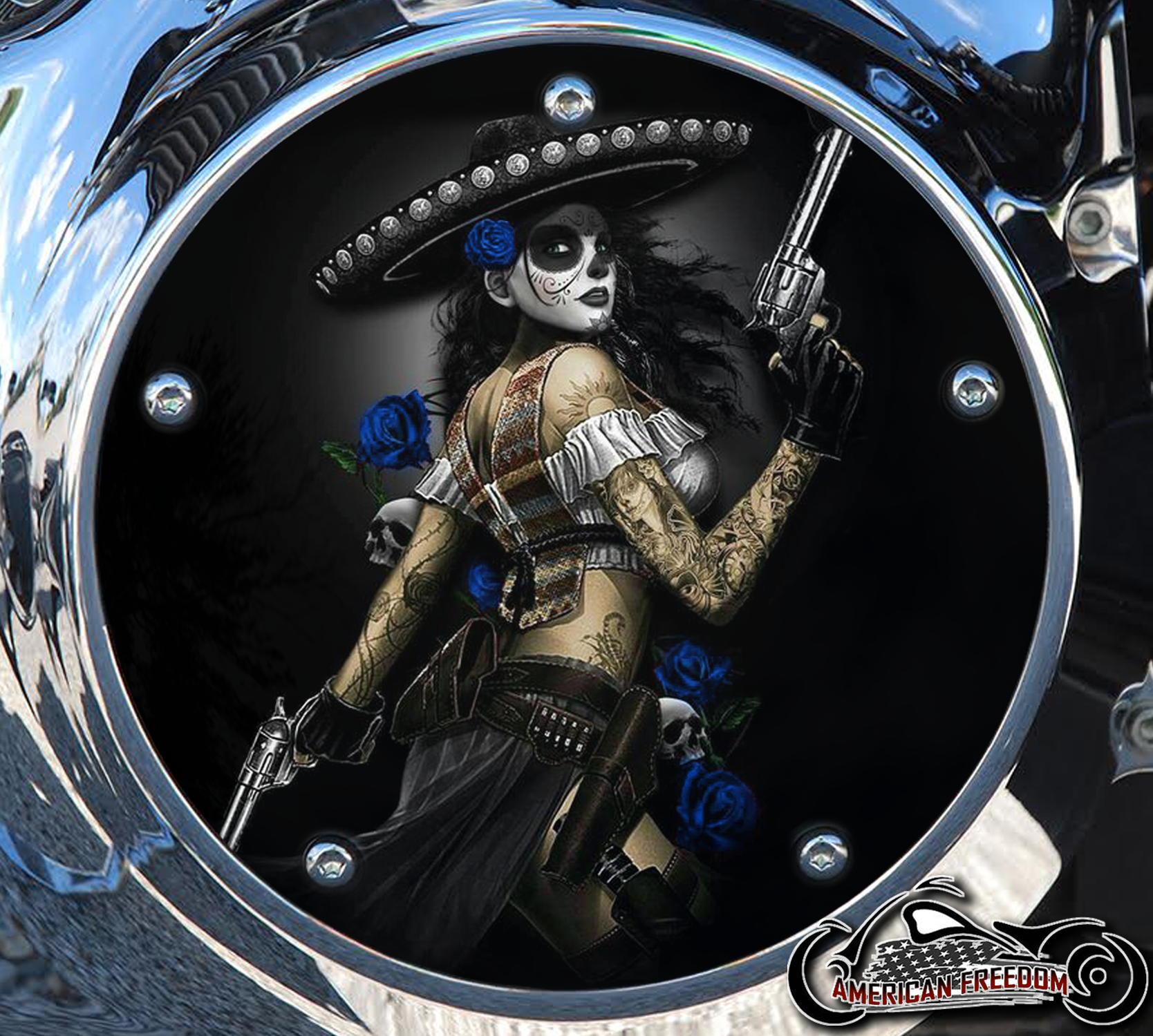 Custom Derby Cover - Day Of The Dead Bandita Blue